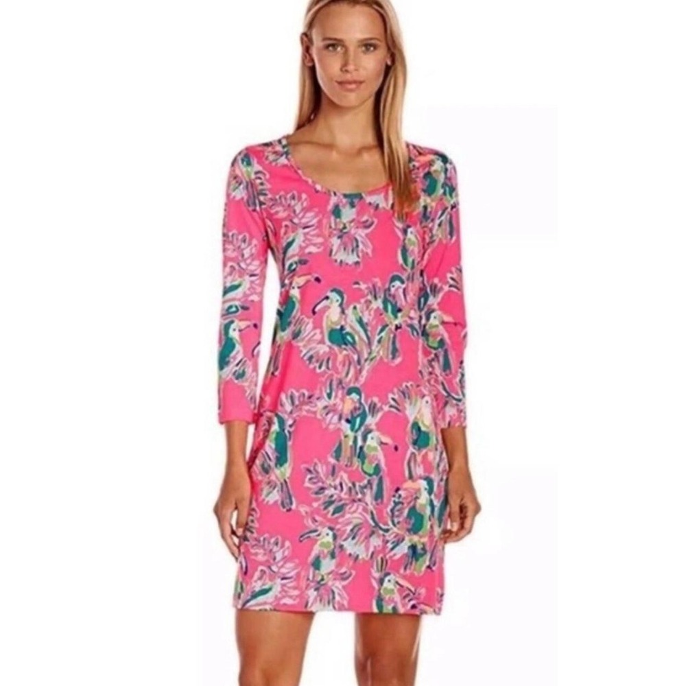 Lilly Pulitzerβ Marlowe Dress XS Pink Toucan Can Print Excellent 3/4 Sleeve